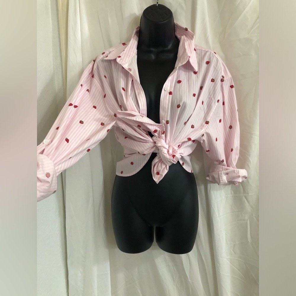 Nine West pink white striped strawberry button down menswear shirt size large - Picture 10 of 16